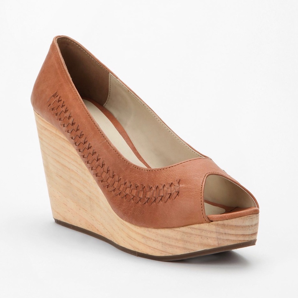 Ecote Woven Leather Wedge (peep toe wood platform)